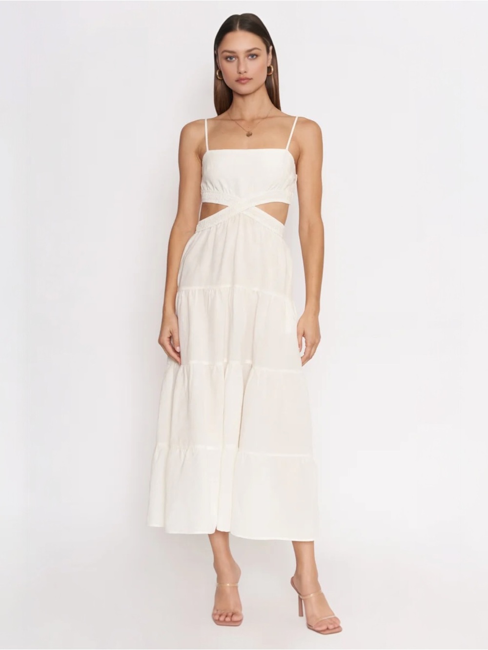 Dee Elly White Cutout Tiered Midi Dress XS Cotton Summer Cottagecore
